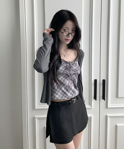 헤나 스트라이프 트임 A라인 미니 랩스커트 팬츠 벨트 세트 검정