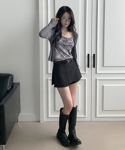 헤나 스트라이프 트임 A라인 미니 랩스커트 팬츠 벨트 세트 검정