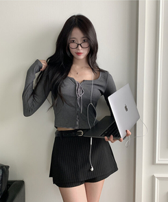 헤나 스트라이프 트임 A라인 미니 랩스커트 팬츠 벨트 세트 검정