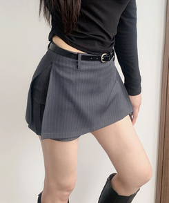 헤나 스트라이프 트임 A라인 미니 랩스커트 팬츠 벨트 세트 그레이