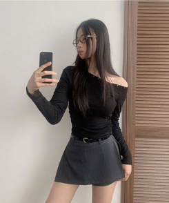 헤나 스트라이프 트임 A라인 미니 랩스커트 팬츠 벨트 세트 그레이