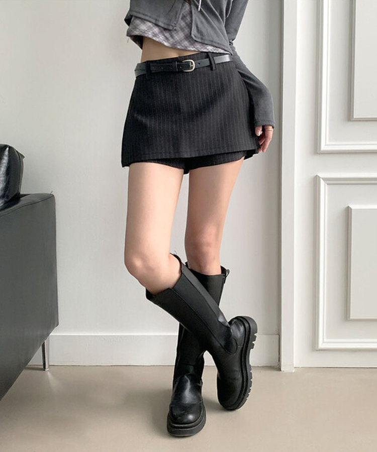 헤나 스트라이프 트임 A라인 미니 랩스커트 팬츠 벨트 세트 검정