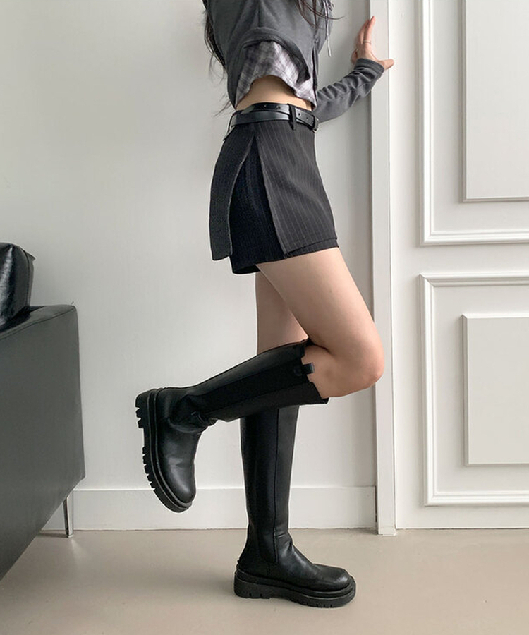 헤나 스트라이프 트임 A라인 미니 랩스커트 팬츠 벨트 세트 검정