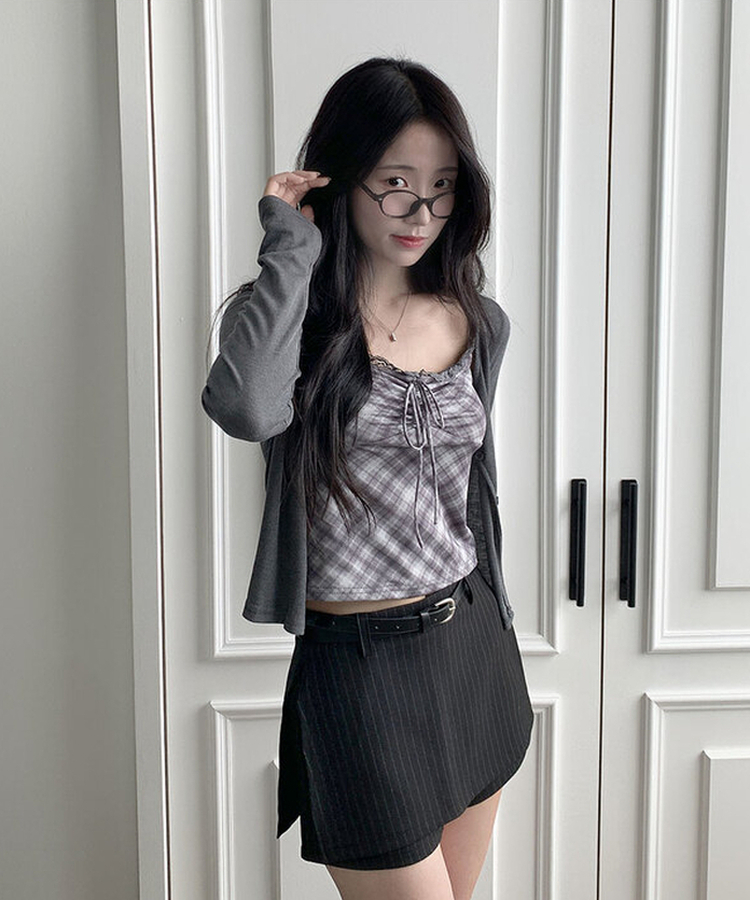 헤나 스트라이프 트임 A라인 미니 랩스커트 팬츠 벨트 세트 검정