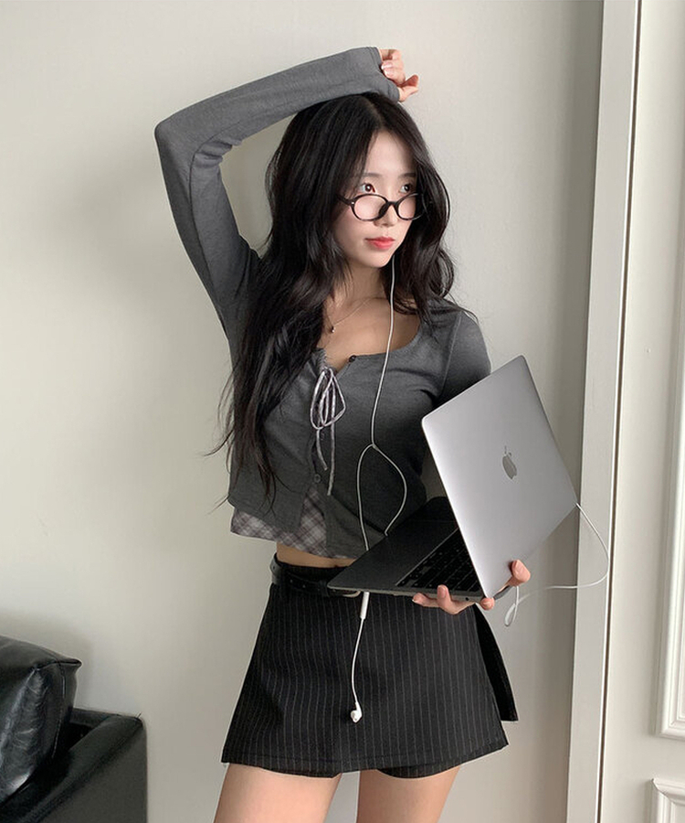 헤나 스트라이프 트임 A라인 미니 랩스커트 팬츠 벨트 세트 검정