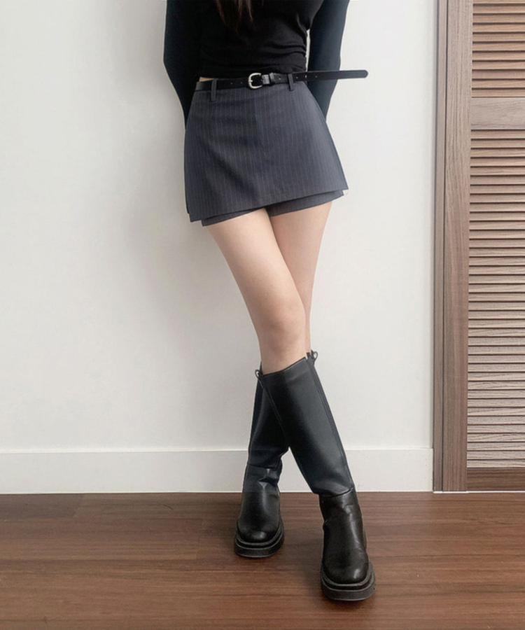 헤나 스트라이프 트임 A라인 미니 랩스커트 팬츠 벨트 세트 그레이