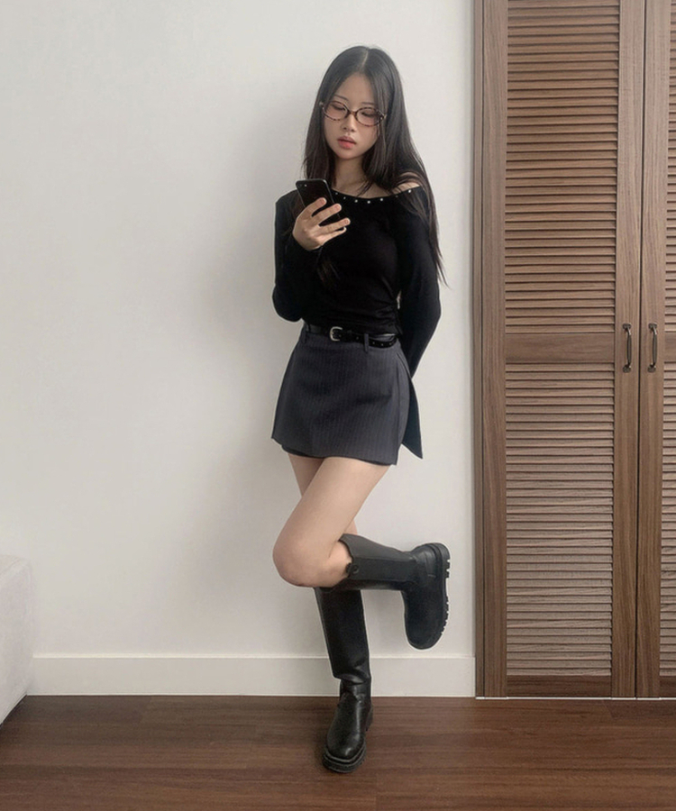 헤나 스트라이프 트임 A라인 미니 랩스커트 팬츠 벨트 세트 그레이