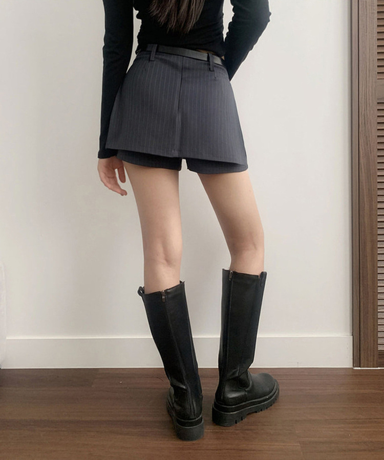 헤나 스트라이프 트임 A라인 미니 랩스커트 팬츠 벨트 세트 그레이