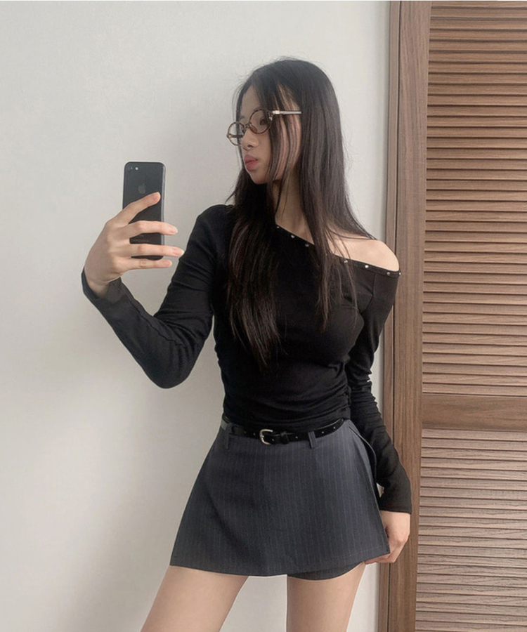 헤나 스트라이프 트임 A라인 미니 랩스커트 팬츠 벨트 세트 그레이