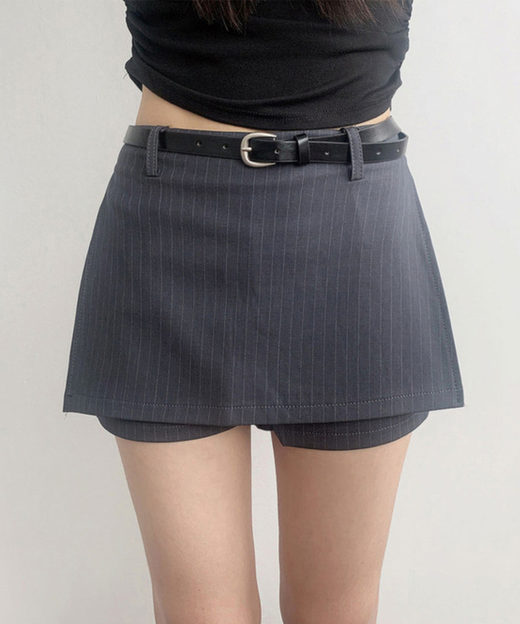 헤나 스트라이프 트임 A라인 미니 랩스커트 팬츠 벨트 세트 그레이