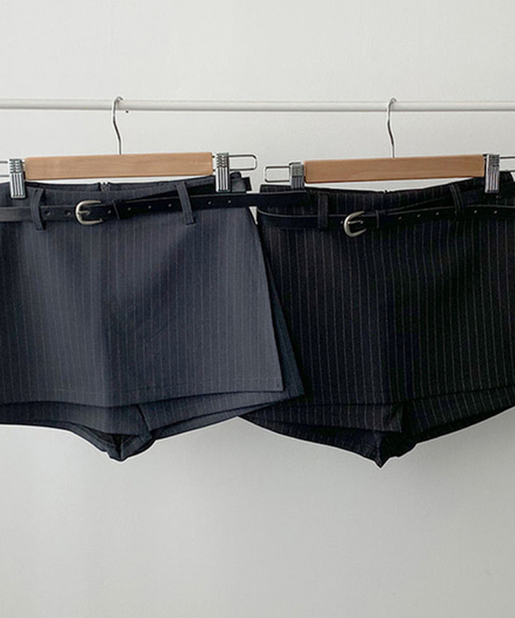 헤나 스트라이프 트임 A라인 미니 랩스커트 팬츠 벨트 세트