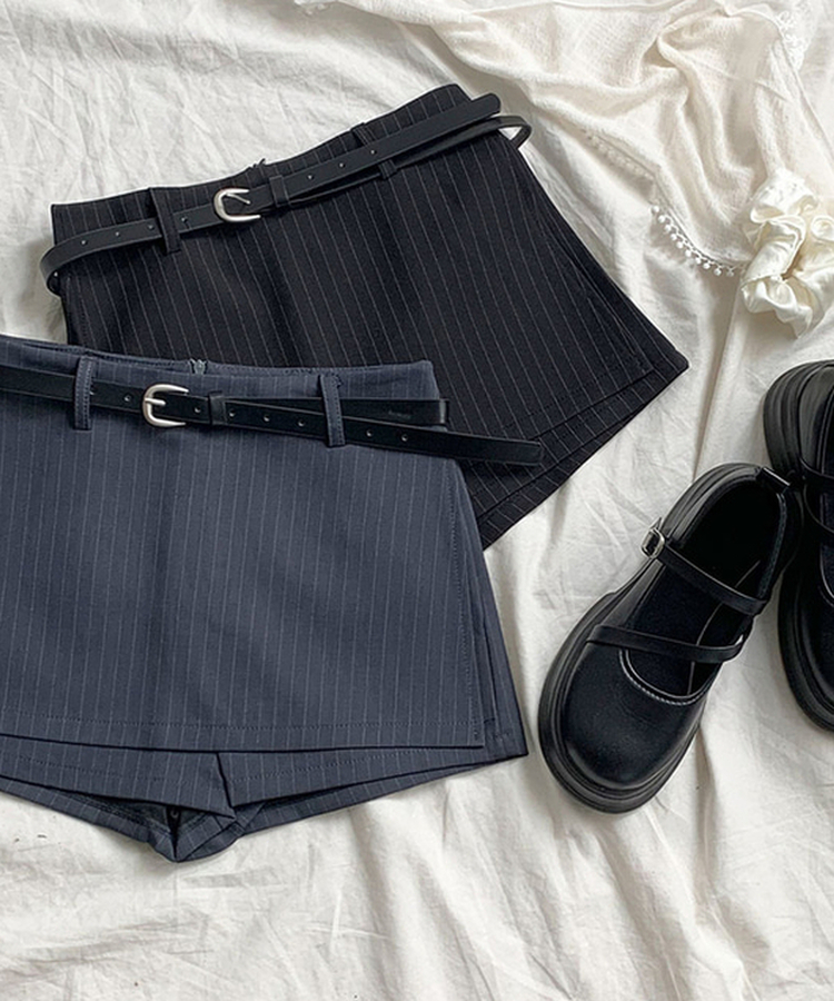 헤나 스트라이프 트임 A라인 미니 랩스커트 팬츠 벨트 세트