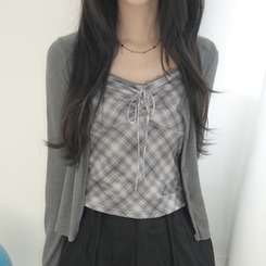 폴링 체크 끈나시 가디건 세트 가을 Y2K 빈티지 레이어드 상의 그레이