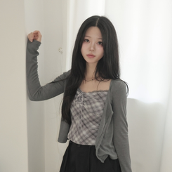 폴링 체크 끈나시 가디건 세트 가을 Y2K 빈티지 레이어드 상의 그레이