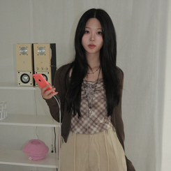 폴링 체크 끈나시 가디건 세트 가을 Y2K 빈티지 레이어드 상의 밤색