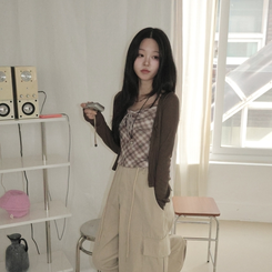 폴링 체크 끈나시 가디건 세트 가을 Y2K 빈티지 레이어드 상의 밤색