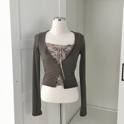 폴링 체크 끈나시 가디건 세트 가을 Y2K 빈티지 레이어드 상의