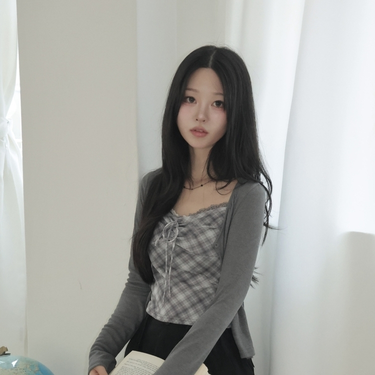 폴링 체크 끈나시 가디건 세트 가을 Y2K 빈티지 레이어드 상의 그레이