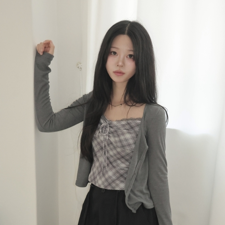 폴링 체크 끈나시 가디건 세트 가을 Y2K 빈티지 레이어드 상의 그레이