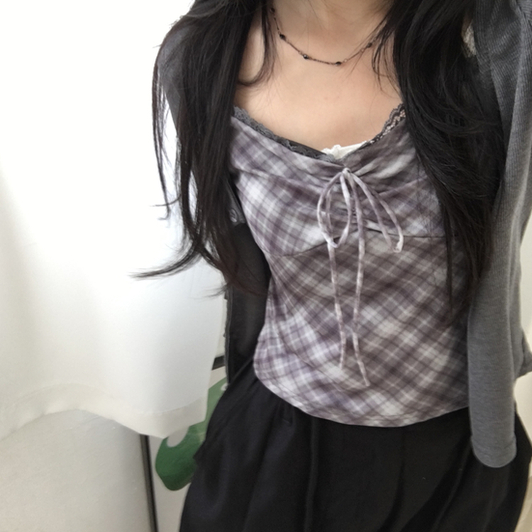 폴링 체크 끈나시 가디건 세트 가을 Y2K 빈티지 레이어드 상의 그레이