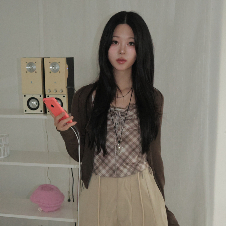 폴링 체크 끈나시 가디건 세트 가을 Y2K 빈티지 레이어드 상의 밤색