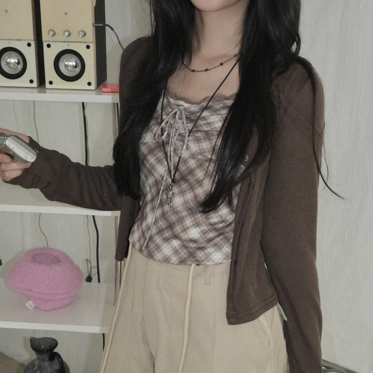 폴링 체크 끈나시 가디건 세트 가을 Y2K 빈티지 레이어드 상의 밤색