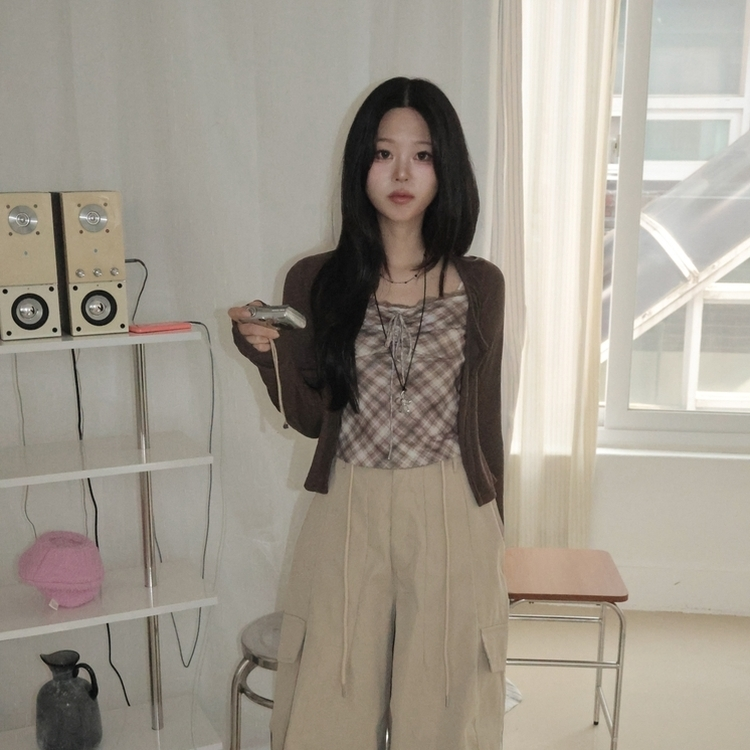 폴링 체크 끈나시 가디건 세트 가을 Y2K 빈티지 레이어드 상의 밤색