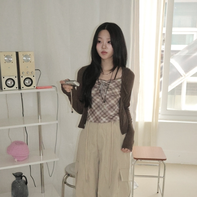 폴링 체크 끈나시 가디건 세트 가을 Y2K 빈티지 레이어드 상의 밤색