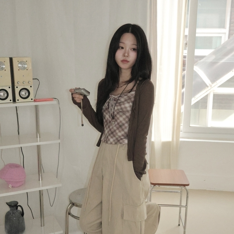 폴링 체크 끈나시 가디건 세트 가을 Y2K 빈티지 레이어드 상의 밤색