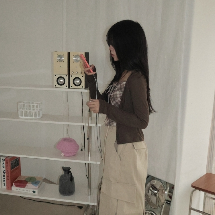 폴링 체크 끈나시 가디건 세트 가을 Y2K 빈티지 레이어드 상의 밤색