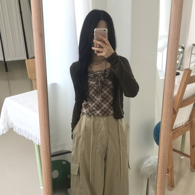 폴링 체크 끈나시 가디건 세트 가을 Y2K 빈티지 레이어드 상의 밤색