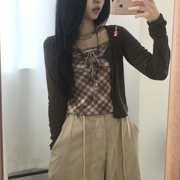 폴링 체크 끈나시 가디건 세트 가을 Y2K 빈티지 레이어드 상의 밤색