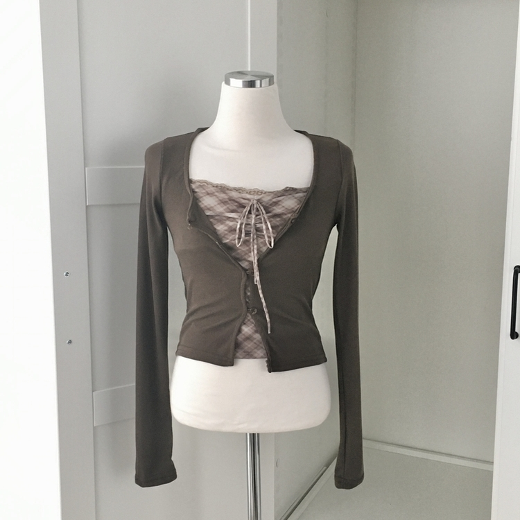 폴링 체크 끈나시 가디건 세트 가을 Y2K 빈티지 레이어드 상의