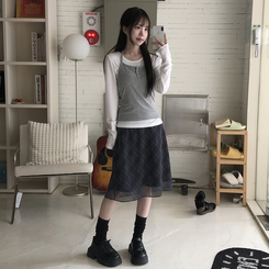 チェックバンディングミディスカート BLACK