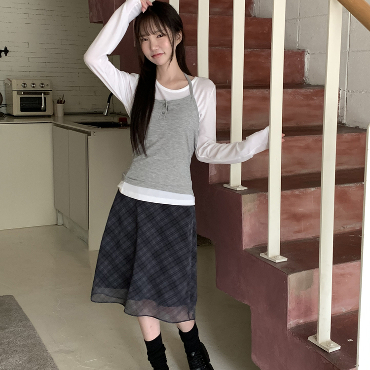 チェックバンディングミディスカート BLACK