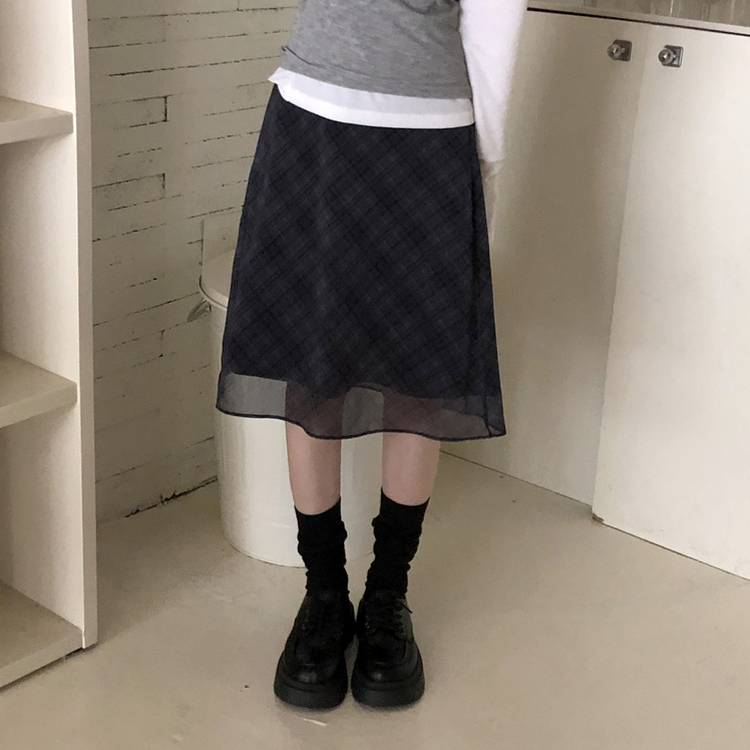 チェックバンディングミディスカート BLACK