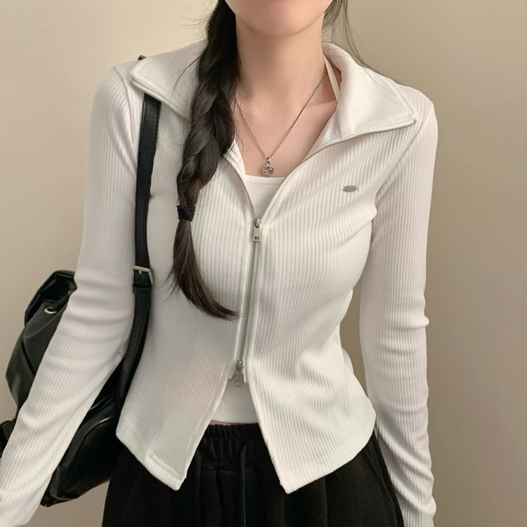 리즈 골지 긴팔 카라 집업 투웨이 긴팔티 상의 아우터 가디건 가을 가을옷 봄 봄옷 롱슬리브 홀터넥 화이트