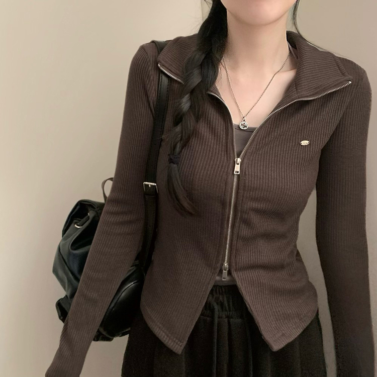 리즈 골지 긴팔 카라 집업 투웨이 긴팔티 상의 아우터 가디건 가을 가을옷 봄 봄옷 롱슬리브 홀터넥 차콜