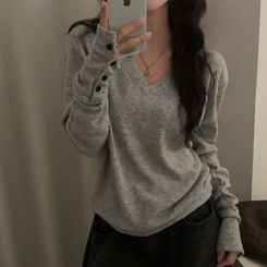 리블 소매 버튼 여리핏 브이넥 긴팔니트 그레이
