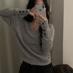 리블 소매 버튼 여리핏 브이넥 긴팔니트 그레이