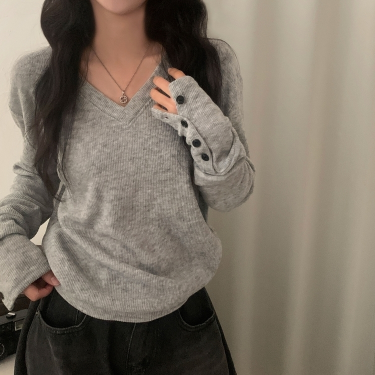 リブ袖Vネックニット GREY