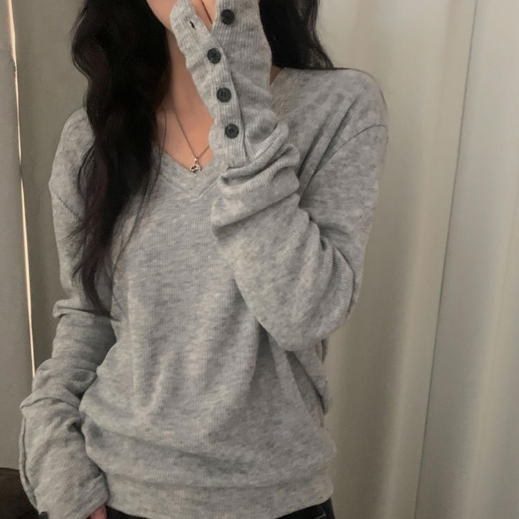 リブ袖Vネックニット GREY