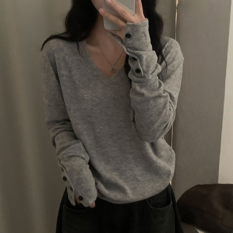 リブ袖Vネックニット GREY