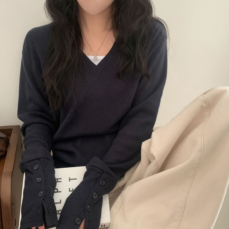 リブ袖Vネックニット NAVY