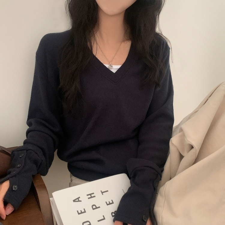 リブ袖Vネックニット NAVY