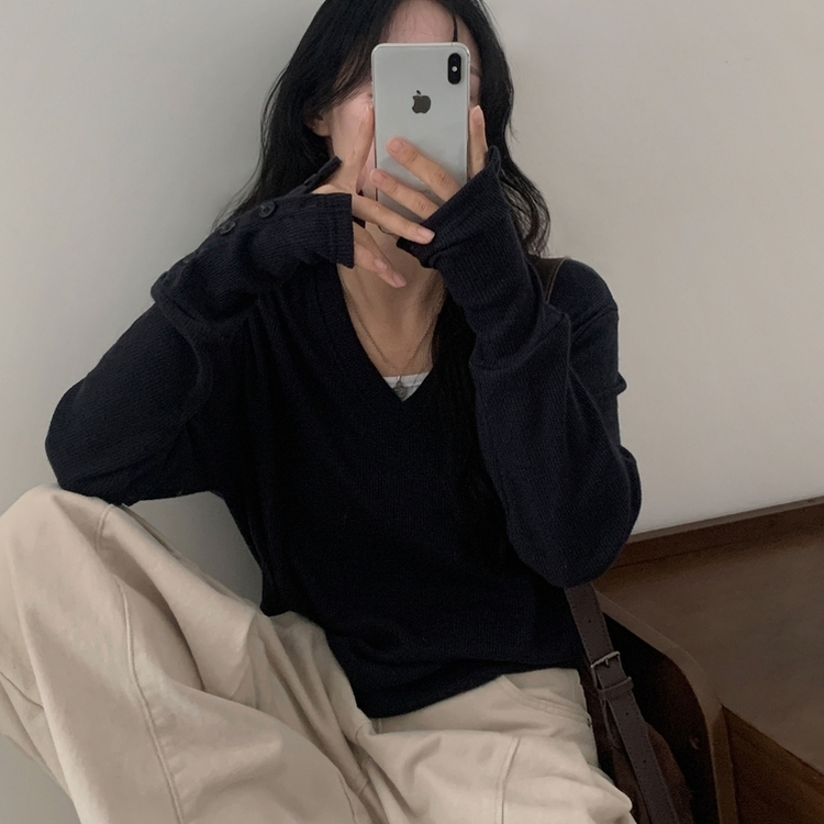 リブ袖Vネックニット NAVY