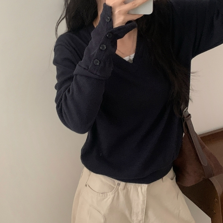 リブ袖Vネックニット NAVY