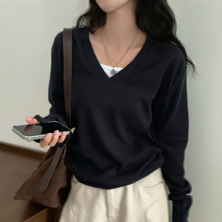 リブ袖Vネックニット NAVY