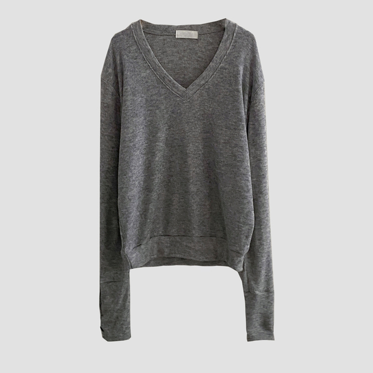 리블 소매 버튼 여리핏 브이넥 긴팔니트