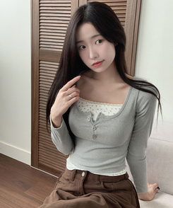 듀레 잔꽃패턴 캡내장 레이어드 일체형 긴팔티셔츠 그레이